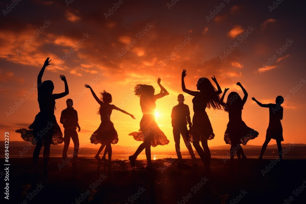 Dancing in Sunshine: Silhouetted Figures in Vibrant Celebration dancing and jumping in sunset