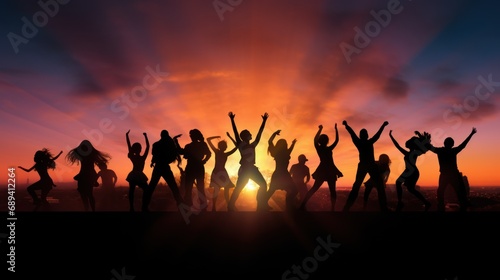 Dancing in Sunshine  Silhouetted Figures in Vibrant Celebration dancing and jumping in sunset