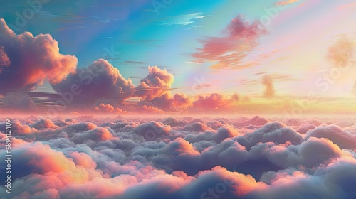 A dreamy view of a pastel-colored sky with fluffy clouds, creating a whimsical atmosphere