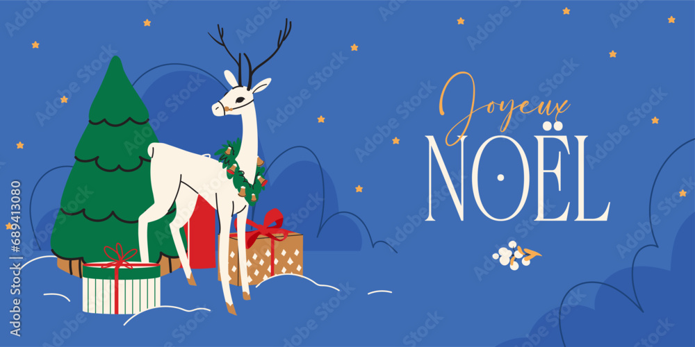French text Joyeux Noel. Christmas banner, Xmas festive decoration. Horizontal Christmas posters, cards, headers, website. Holiday deer with Christmas tree and giftboxes on blue background