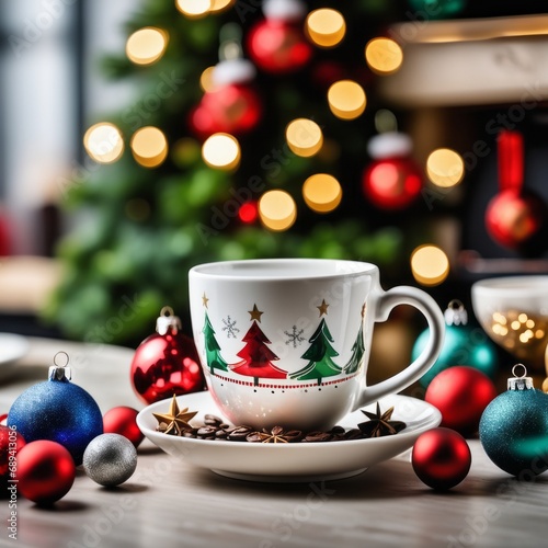 Coffee cup with Christmas ornaments and decoration on wooden background