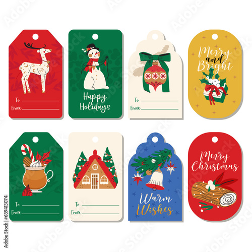 Set of Christmas and New Year's gift tags with Snowman, Deer, Star, Fir Branch, Cup Latte, Bell, Holly and Christmas Tree Toy in Red, Green, Yellow and Beige. Perfect for holiday greetings, presents.