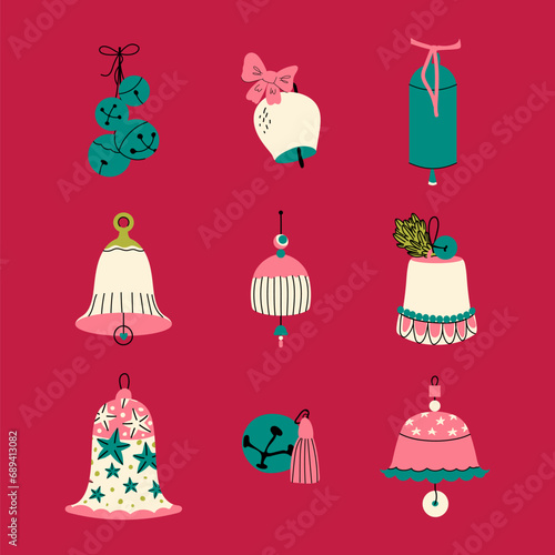 Christmas bells set vector. New year flat cartoon decoration bows. Holiday metal and ceramic campane collection. Winter elements illustration