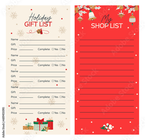Shop list and gift list decorated vector templates. Set of Christmas and New year elements for greeting card decoration, pattern, ornaments. Holidays to do, check list for gifts, wish, shopping