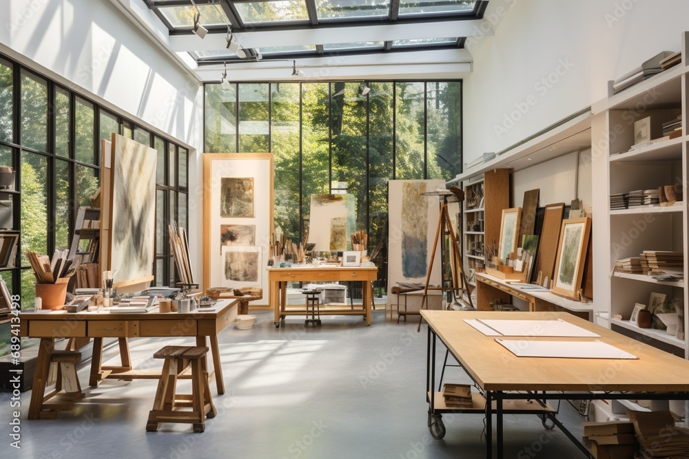 An exquisite art studio with ample natural light, inspiring surroundings, and spacious work areas for creative expression.