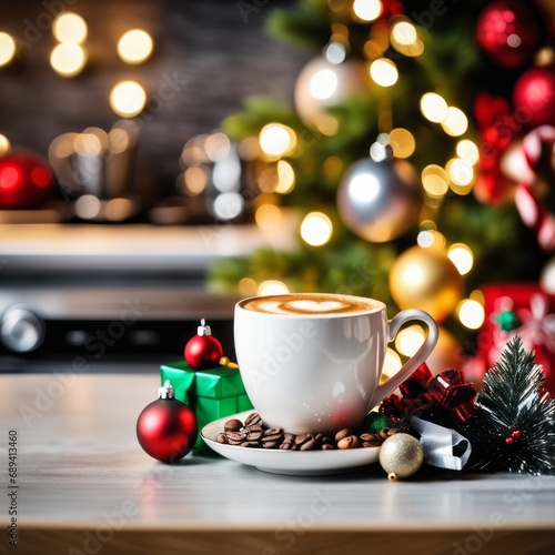 Coffee cup with Christmas ornaments and decoration on wooden background