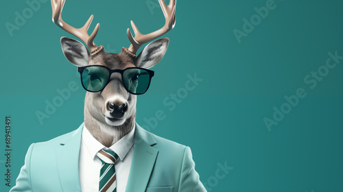 Modern Xmas Deer with hipster sunglasses and business suit like a Boss. Creative animal concept banner. Trendy Pastel teal green background