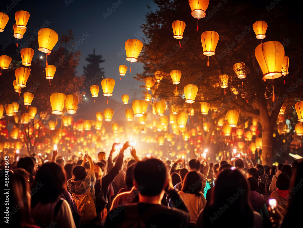 A vibrant scene of the lantern festival in China, capturing the grand moment when the lanterns are first illuminated.