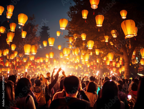 A vibrant scene of the lantern festival in China, capturing the grand moment when the lanterns are first illuminated. © alisluch