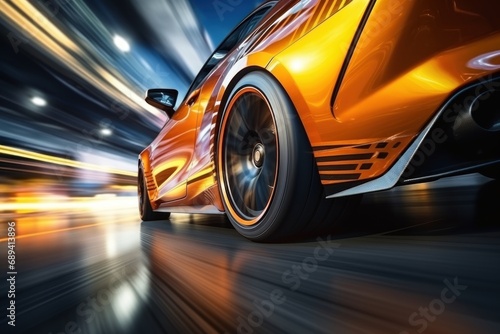 Motion blur shot, curve tail light drifting car wheels. © Dusit