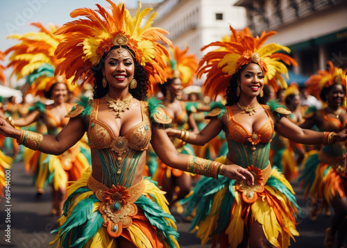 A samba dancers with sparkling sequin outfits and feathered headdresses, dancing in the streets of Rio during Carnival