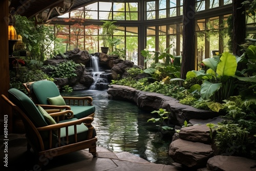 An indoor botanical garden with a variety of exotic plants, serene water features, and comfortable seating areas.