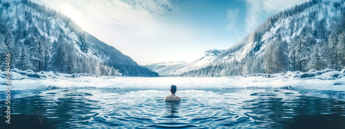 man in the icy water of a winter frozen lake in mountain nature strengthens her immunity by hardening herself, banner photo