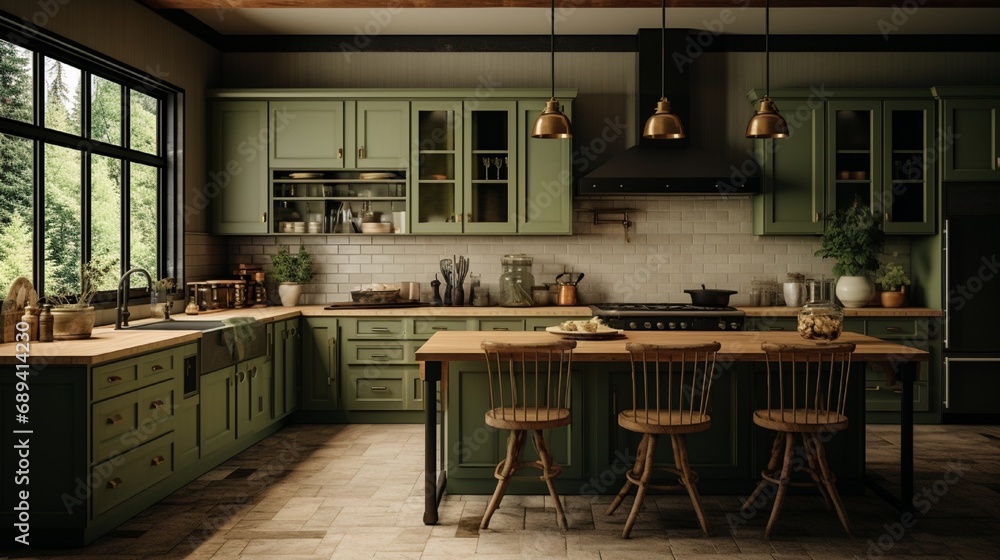 An inviting kitchen featuring warm olive green cabinets, granite countertops, and brass fixtures, exuding a rustic yet modern charm.