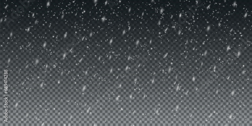 Christmas background with small falling snowflakes. Snow storm effect, blurred, cold wind with snow png. Holiday powder snow for cards, invitations, banners, advertising.