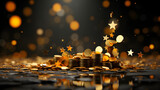 Falling 3D Coins and Stars with Yellow Lines as a Background Banner