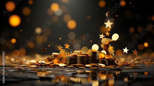 Falling 3D Coins and Stars with Yellow Lines as a Background Banner photo