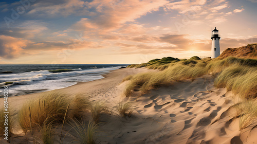Fototapeta Naklejka Na Ścianę i Meble -  sand dune beach with ocean, grass and lighthouse at sunset