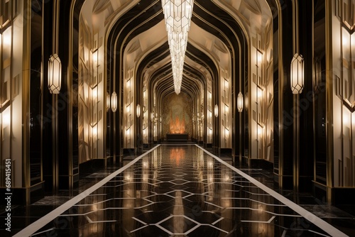 Art Deco-inspired hall in Miami  characterized by geometric patterns and luxurious finishes.