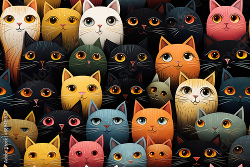 seamless pattern with multicolored cat heads on black background
