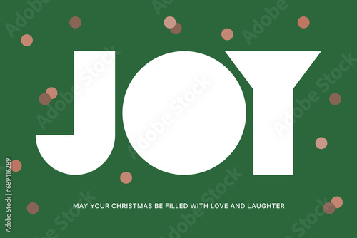 Winter season Christmas concept card design illustration. There is a glitter decoration pattern on a green background, and the word 'JOY' is written typographically. photo