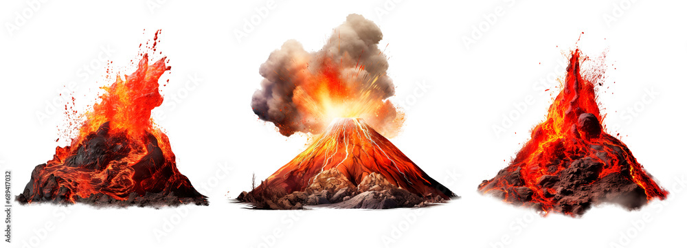 Set of different volcanos with eruption, spitting lava on the air. Isolated transparent background - obrazy, fototapety, plakaty 