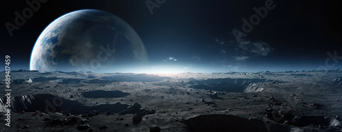 Earth seeing from lunar landscape. Misty, magic outer space concept