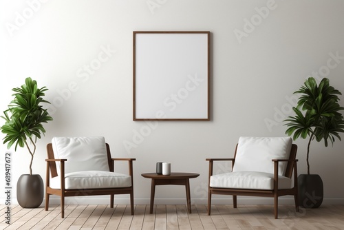 Contemporary elegance radiates from a living space with an empty frame mockup, two wooden chairs, and a textured white wall.