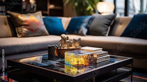 Contemporary glass-top coffee table adorned with decor pieces in a cozy lounge space with ambient lighting