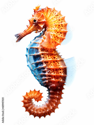 A vibrant orange seahorse with white spots and blue fins isolated on a white background.