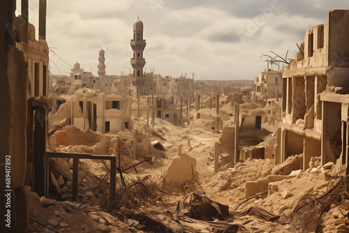 Rubble and ruins of a war-torn Middle East city and its mosque photo