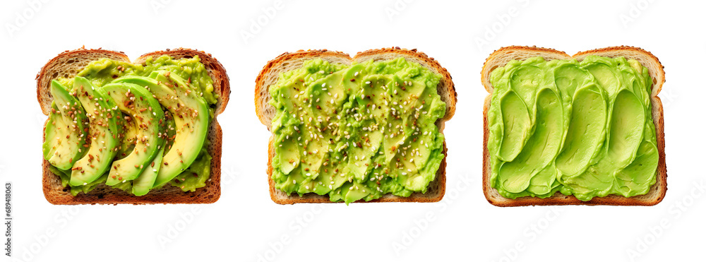 Fototapeta premium Top view of set of three different avocado toast over isolated transparent background