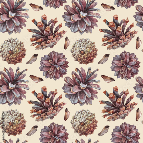 Watercolor seamless pattern hand-drawn realistic fir or pine cone on beige background. Forest wallpaper for christmas celebration or invite. Nature art for card or textile. Wrapping or sketchbook