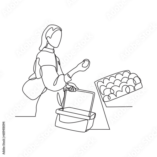 One continuous line drawing of shopping activities in supermarkets by selecting the items you need vector illustration. Supermarket illustration simple linear style vector concept. Market activity.