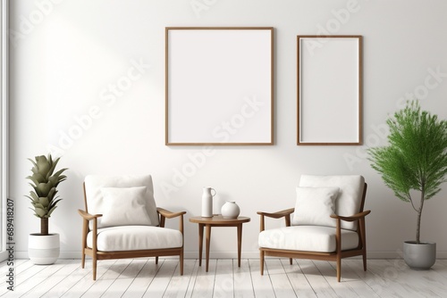 Contemporary yet cozy living room setup featuring an empty frame mockup, two wooden chairs, and a textured white wall.