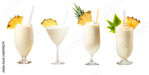 Piña colada drinks collage set on white transparent background