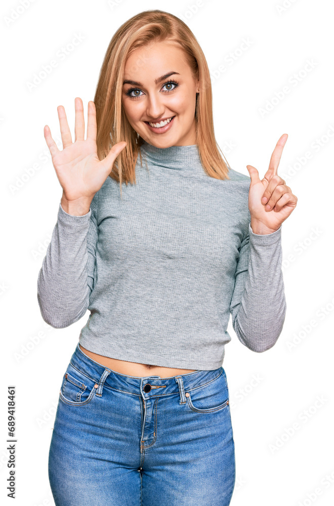 Beautiful caucasian woman wearing casual clothes showing and pointing up with fingers number seven while smiling confident and happy. Beautiful caucasian woman wearing casual clothes showing and pointing up with fingers number seven while smiling confident and happy.