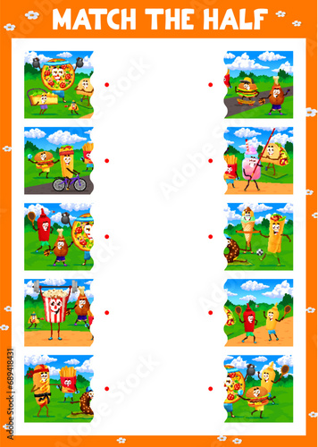 Match the half of cartoon fast food characters on sport vacation. Fragment match kids game vector worksheet with pizza, cake, burger and ice cream, popcorn, donut meal funny personages doing sports