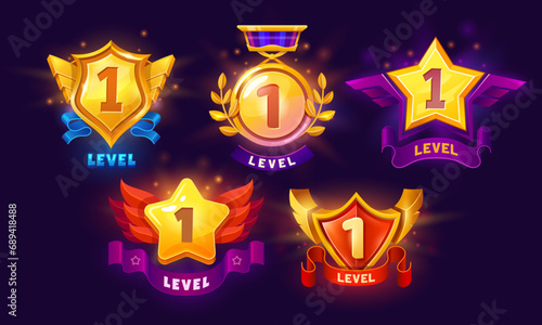 Game level up badges, award icons. Cartoon vector online gamer reward points. Golden trophy medal, shields and stars with number one, laurel and ribbons. App ui pop up level complete winner prize