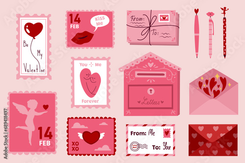 Set of envelopes, postage stamps, mailbox and pens on pink background. Valentine's Day celebration photo