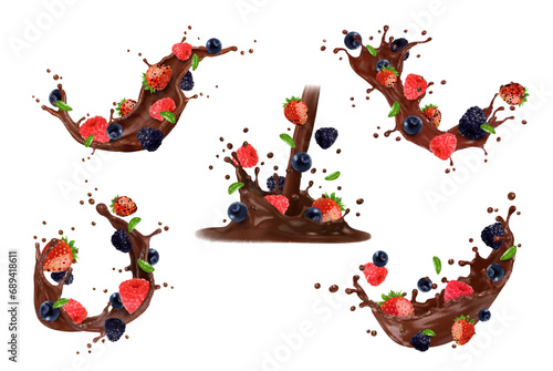 Realistic chocolate milk drink splash with berries and drops, vector 3d food and cocoa fruit dessert. Melted chocolate wave and pouring choco milk with strawberry, blueberry, raspberry and blueberry