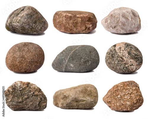Collection of various rocks isolated on a white background.