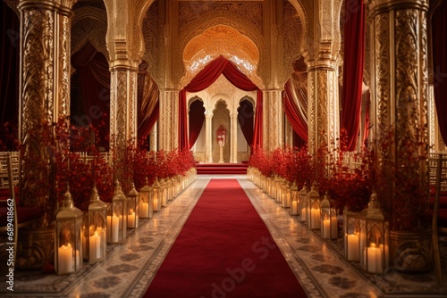 Decorated aisle leading to a ceremonial stage.
