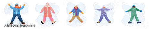 Set of happy children making snow angels on winter day, top view