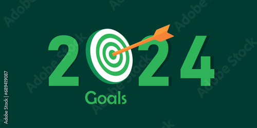 Long banner with figure 2024, word GOALS and dart board on dark green background