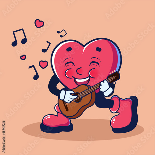 Cute heart playing guitar on beige background. Valentine's Day celebration