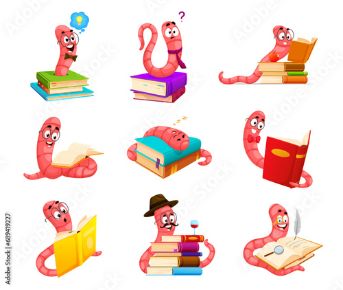 Cartoon bookworm characters. Funny cute book worm animals. Vector set of pest personages reading, writing poems, having idea and question. Sleeping, learning exams and enjoying time in the library