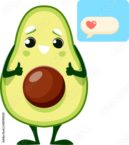 Cartoon avocado character with love heart sign and thumbs up, vector emoji emoticon. Cute funny avocado with love message bubble and heart like or love icon, kids kawaii food personage