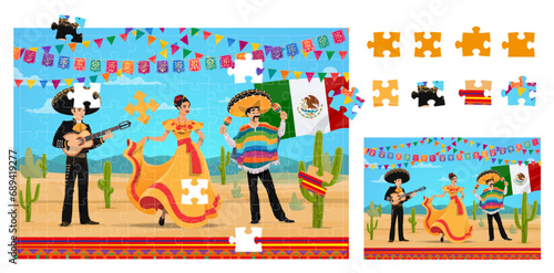 Mariachi, dancer and charro cowboy mexican national characters. Jigsaw puzzle game pieces vector quiz worksheet with cartoon musicians personages, sombrero, guitar and maracas, Mexico flag and cactus