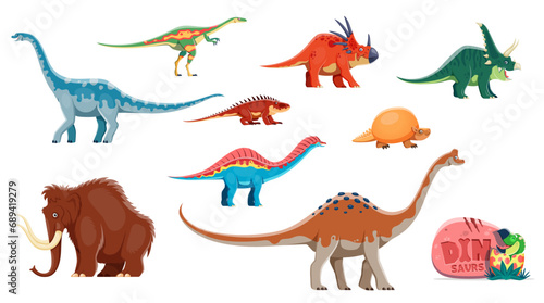 Cartoon dinosaurs funny characters. Jurassic era animal, extinct reptile, Euhelopus, Styracosaurus, Chasmosaurus and Elaphrosaurus, Shansisuchus, Glyptodon dinosaur isolated vector cheerful personages